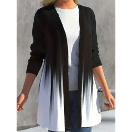 Plus Size Casual Cardigan, Women's Plus Ombre Long Sleeve Open Front Medium Stretch Cardigan