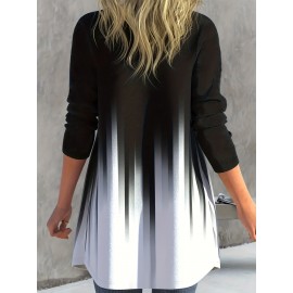 Plus Size Casual Cardigan, Women's Plus Ombre Long Sleeve Open Front Medium Stretch Cardigan