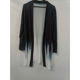 Plus Size Casual Cardigan, Women's Plus Ombre Long Sleeve Open Front Medium Stretch Cardigan