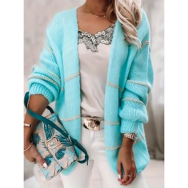 Plus Size Casual Cardigan, Women's Plus Colorblock Long Sleeve Open Front Slight Stretch Cardigan