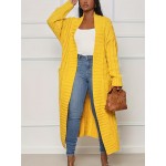 Plus Size Casual Cardigan, Women's Plus Cable Knitted Long Sleeve Open Front Medium Stretch Sweater Cardigan With Pockets