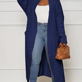 Plus Size Casual Cardigan, Women's Plus Cable Knitted Long Sleeve Open Front Medium Stretch Sweater Cardigan With Pockets