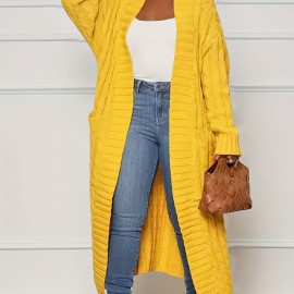 Plus Size Casual Cardigan, Women's Plus Cable Knitted Long Sleeve Open Front Medium Stretch Sweater Cardigan With Pockets