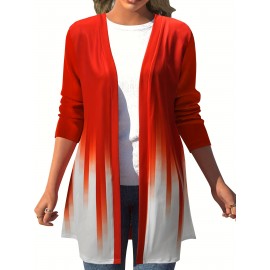 Plus Size Casual Cardigan, Women's Plus Ombre Print Long Sleeve Open Front Cardigan