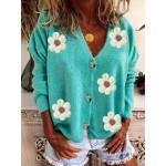 Plus Size Casual Cardigan, Women's Plus Floral Patch Button Decor Long Sleeve V Neck Cardigan