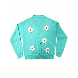 Plus Size Casual Cardigan, Women's Plus Floral Patch Button Decor Long Sleeve V Neck Cardigan