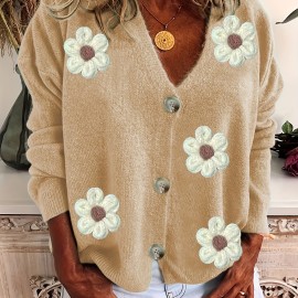 Plus Size Casual Cardigan, Women's Plus Floral Patch Button Decor Long Sleeve V Neck Cardigan