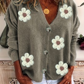 Plus Size Casual Cardigan, Women's Plus Floral Patch Button Decor Long Sleeve V Neck Cardigan