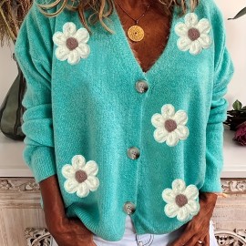 Plus Size Casual Cardigan, Women's Plus Floral Patch Button Decor Long Sleeve V Neck Cardigan