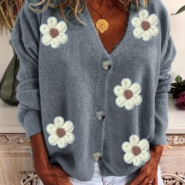 Plus Size Casual Cardigan, Women's Plus Floral Patch Button Decor Long Sleeve V Neck Cardigan