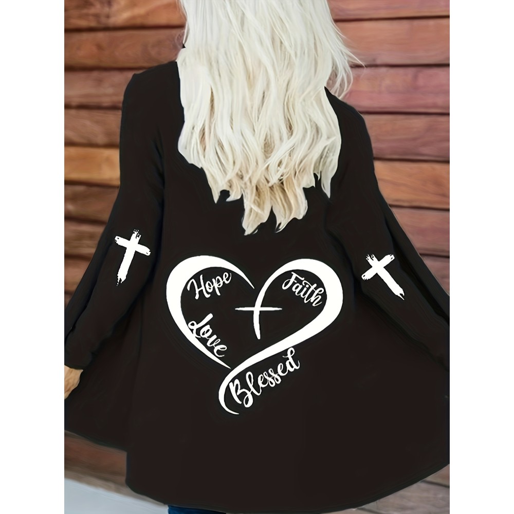 Plus Size Casual Cardigan, Women's Plus Heart & Letter Print Long Sleeve Open Front Cardigan