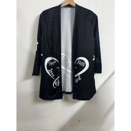 Plus Size Casual Cardigan, Women's Plus Heart & Letter Print Long Sleeve Open Front Cardigan