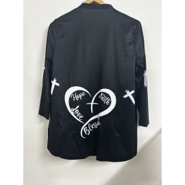 Plus Size Casual Cardigan, Women's Plus Heart & Letter Print Long Sleeve Open Front Cardigan