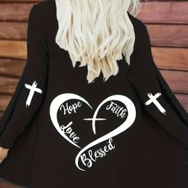 Plus Size Casual Cardigan, Women's Plus Heart & Letter Print Long Sleeve Open Front Cardigan