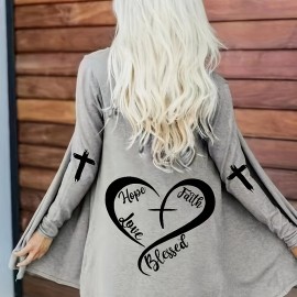 Plus Size Casual Cardigan, Women's Plus Heart & Letter Print Long Sleeve Open Front Cardigan