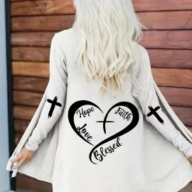 Plus Size Casual Cardigan, Women's Plus Heart & Letter Print Long Sleeve Open Front Cardigan