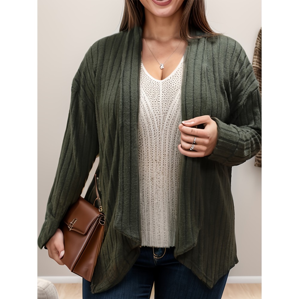 Plus Size Casual Cardigan, Women's Plus Solid Ribbed Long Sleeve Open Front Slight Stretch Cardigan