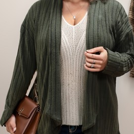 Plus Size Casual Cardigan, Women's Plus Solid Ribbed Long Sleeve Open Front Slight Stretch Cardigan