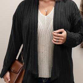 Plus Size Casual Cardigan, Women's Plus Solid Ribbed Long Sleeve Open Front Slight Stretch Cardigan