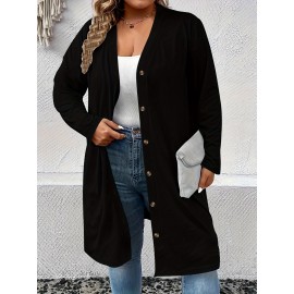 Plus Size Casual Cardigan, Women's Plus Solid Long Sleeve Button Up Slight Stretch Cardigan