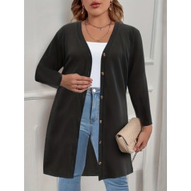 Plus Size Casual Cardigan, Women's Plus Solid Long Sleeve Button Up Slight Stretch Cardigan