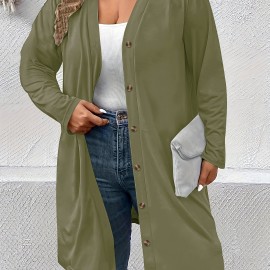 Plus Size Casual Cardigan, Women's Plus Solid Long Sleeve Button Up Slight Stretch Cardigan