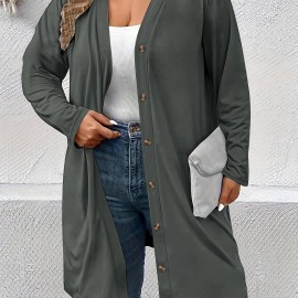 Plus Size Casual Cardigan, Women's Plus Solid Long Sleeve Button Up Slight Stretch Cardigan