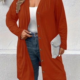 Plus Size Casual Cardigan, Women's Plus Solid Long Sleeve Button Up Slight Stretch Cardigan