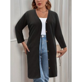 Plus Size Casual Cardigan, Women's Plus Solid Long Sleeve Button Up Slight Stretch Cardigan