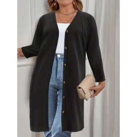 Plus Size Casual Cardigan, Women's Plus Solid Long Sleeve Button Up Slight Stretch Cardigan