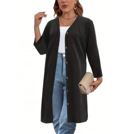 Plus Size Casual Cardigan, Women's Plus Solid Long Sleeve Button Up Slight Stretch Cardigan