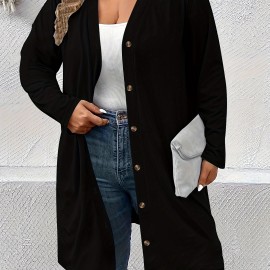 Plus Size Casual Cardigan, Women's Plus Solid Long Sleeve Button Up Slight Stretch Cardigan