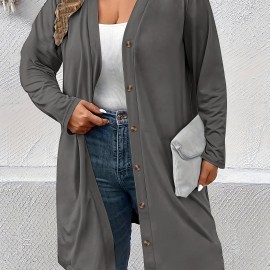 Plus Size Casual Cardigan, Women's Plus Solid Long Sleeve Button Up Slight Stretch Cardigan