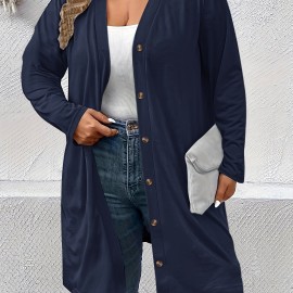 Plus Size Casual Cardigan, Women's Plus Solid Long Sleeve Button Up Slight Stretch Cardigan