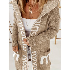 Plus Size Casual Coat, Women's Plus Letter Print Long Sleeve Open Front Hooded Cardigan With Pockets