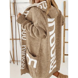 Plus Size Casual Coat, Women's Plus Letter Print Long Sleeve Open Front Hooded Cardigan With Pockets