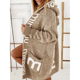 Plus Size Casual Coat, Women's Plus Letter Print Long Sleeve Open Front Hooded Cardigan With Pockets