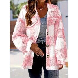 Plus Size Casual Coat, Women's Plus Gingham Print Button Up Long Sleeve Turn Down Collar Fleece Shacket