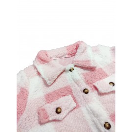 Plus Size Casual Coat, Women's Plus Gingham Print Button Up Long Sleeve Turn Down Collar Fleece Shacket