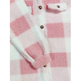 Plus Size Casual Coat, Women's Plus Gingham Print Button Up Long Sleeve Turn Down Collar Fleece Shacket