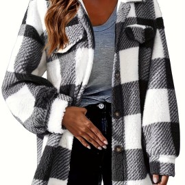 Plus Size Casual Coat, Women's Plus Gingham Print Button Up Long Sleeve Turn Down Collar Fleece Shacket