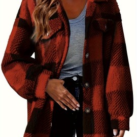 Plus Size Casual Coat, Women's Plus Gingham Print Button Up Long Sleeve Turn Down Collar Fleece Shacket