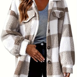 Plus Size Casual Coat, Women's Plus Gingham Print Button Up Long Sleeve Turn Down Collar Fleece Shacket