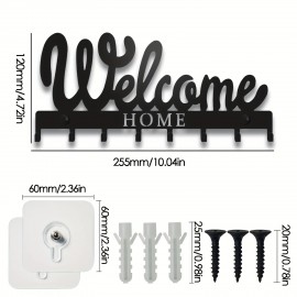 1pc Key Holder For Wall, Black Metal Keys Holder, Wall Mounted WELCOME Design Style Key Rack For Wall, Decorative Key Hanger With 8 Hooks 10\