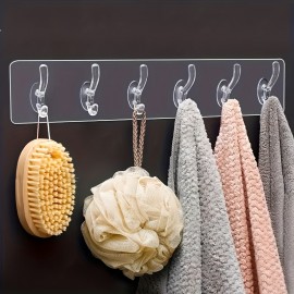 1pc Clear Acrylic Storage Rack With 6 Hooks, Waterproof Adhesive Hooks, Nailless Wall Hanging Hooks, Bathroom Towel Hooks, Household Storage Organizer For Kitchen, Bedroom, Bathroom, Office, Desk