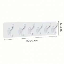 1pc Clear Acrylic Storage Rack With 6 Hooks, Waterproof Adhesive Hooks, Nailless Wall Hanging Hooks, Bathroom Towel Hooks, Household Storage Organizer For Kitchen, Bedroom, Bathroom, Office, Desk