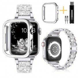 Compatible With IWatch Band 40mm 41mm 44mm 45mm 49mm With Case, Shiny Rhinestone Metal Watch Band With Rhinestone Case + Case For IWatch Series 9 8 SE 7 6 5 4 3 2 1