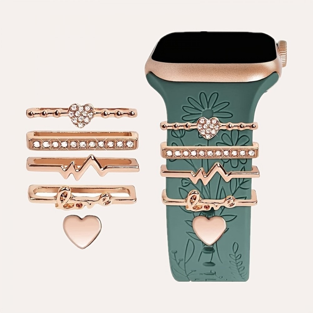 1 Set Heart, Letter And Crystal Decoration Zinc Alloy Watch Band Decoration For 38mm, 40mm, 41mm, 42mm, 44mm, 45mm Smart Watch Bands