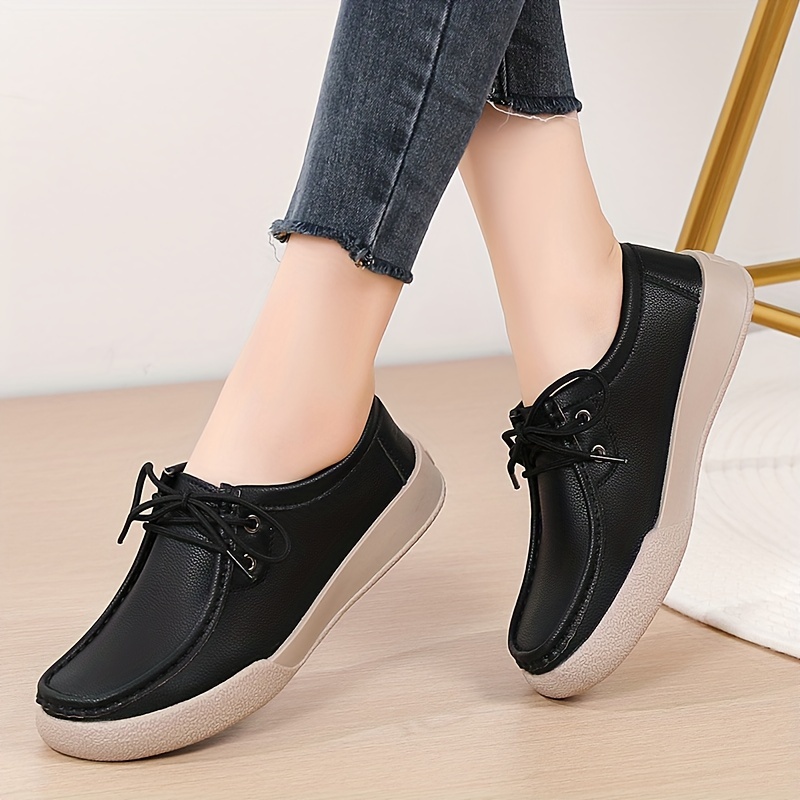 womens simple flat shoes casual lace up soft sole shoes lightweight low top faux leather shoes details 8