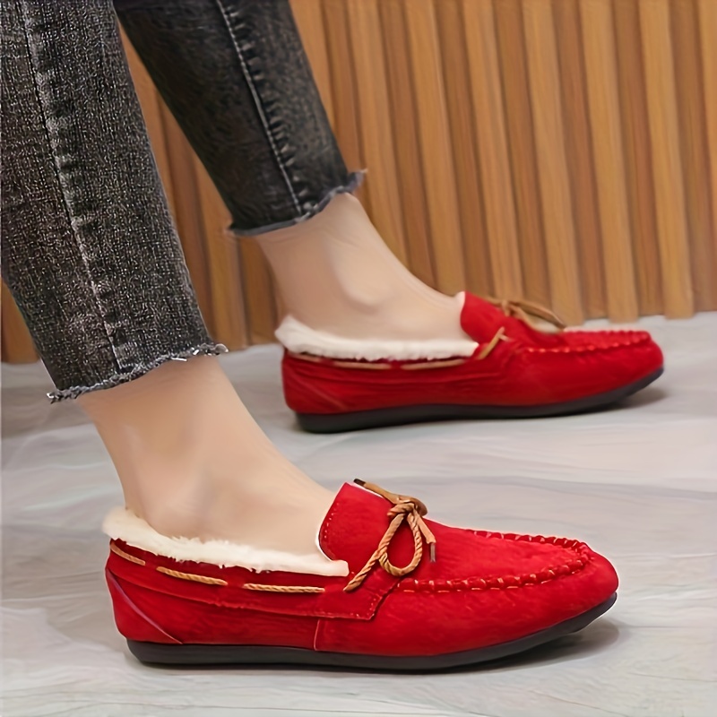 womens solid color fluffy loafers slip on soft sole flat winter warm shoes casual plush non slip shoes details 1